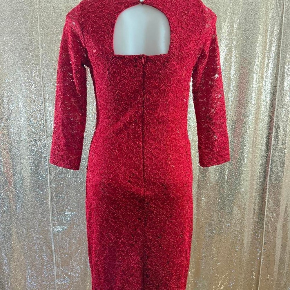 Red Lace Sequin Midi Dress V-Neck 3/4 Sleeve Back CutoutParty/Sizes S-M-L - Picture 4 of 8